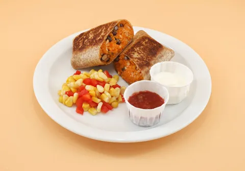 Cheesy Bean Burrito with Corn & Peppers