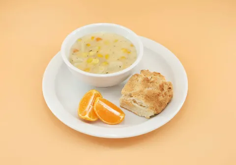 Corn Chowder with Biscuit & Fruit