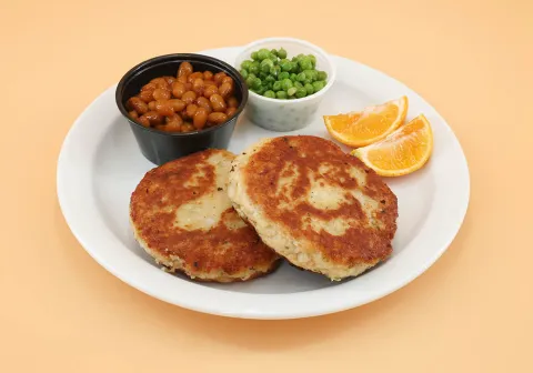 Fish Cakes with Baked Beans, Veggies & Fruit