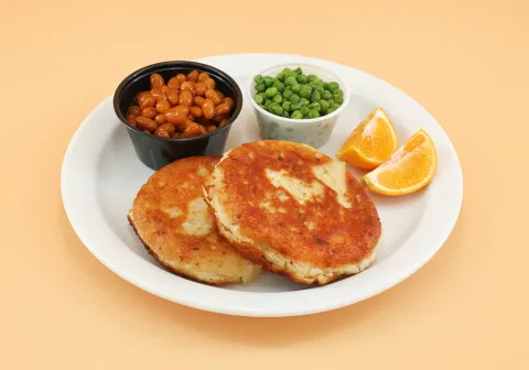 Potato Cakes with Baked Beans, Veggies & Fruit